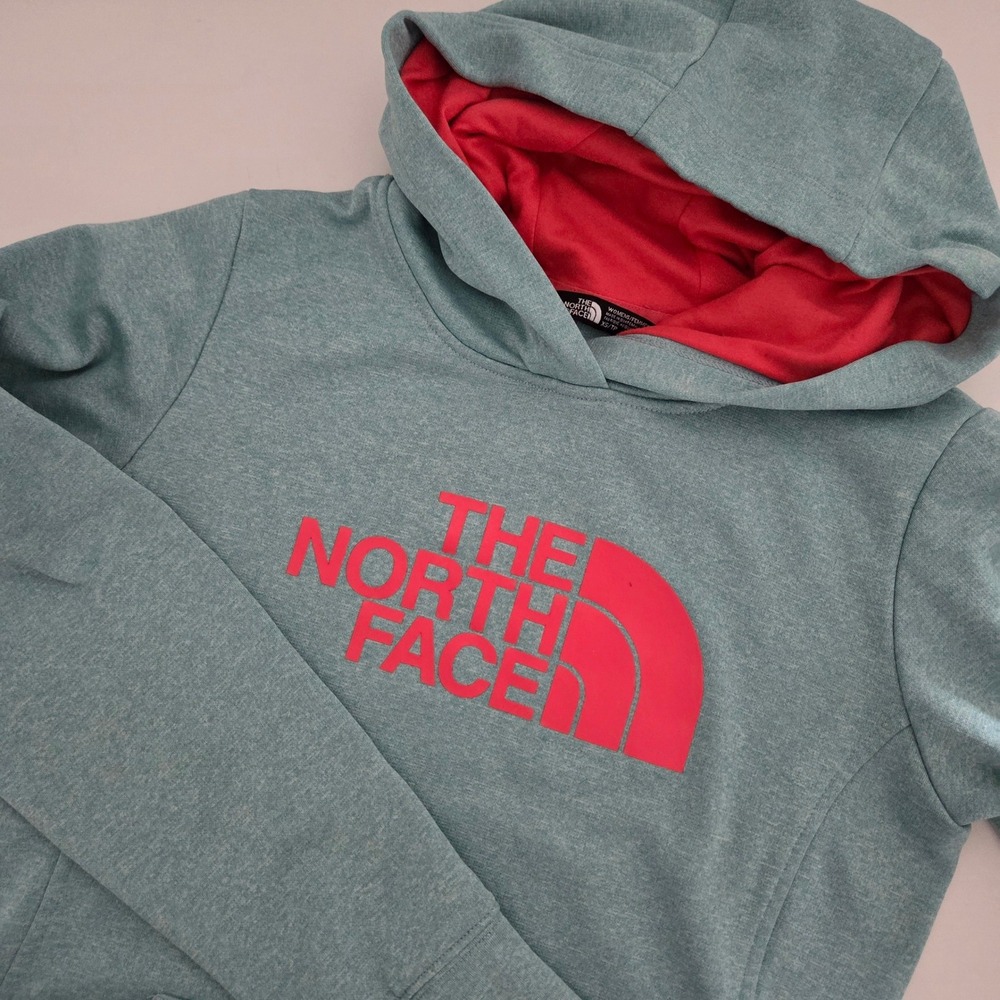 The North Face Womens XS Aqua Heathered Fleece Hoodie Pink Logo Pullover